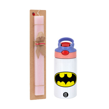 Batman, Πασχαλινό Σετ, Παιδικό παγούρι θερμό, ανοξείδωτο, με καλαμάκι ασφαλείας, ροζ/μωβ (350ml) & πασχαλινή λαμπάδα αρωματική πλακέ (30cm) (ΡΟΖ)
