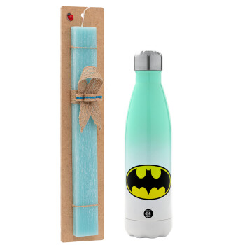 Batman, Easter Set, Metallic green/white thermos (Stainless steel), double-walled, 500ml & scented flat Easter candle (30cm) (TURQUOISE)