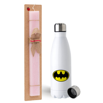 Batman, Easter Set, metallic stainless steel water bottle (750ml) & scented flat Easter candle (30cm) (PINK)