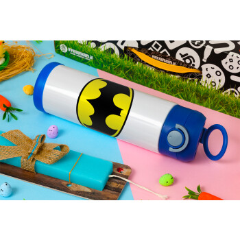 Batman, Easter candle, Childrens hot water bottle, stainless steel, with safety straw, BLUE (500ml)