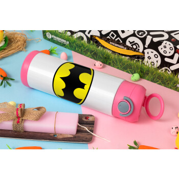 Batman, Πασχαλινή Λαμπάδα με Παιδικό παγούρι θερμό, ανοξείδωτο, με καλαμάκι ασφαλείας, ΡΟΖ (500ml)