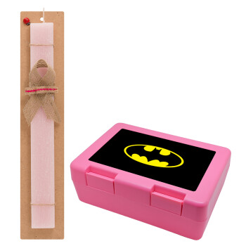 Batman, Πασχαλινό Σετ, παιδικό δοχείο κολατσιού ΡΟΖ & πασχαλινή λαμπάδα αρωματική πλακέ (30cm) (ΡΟΖ)