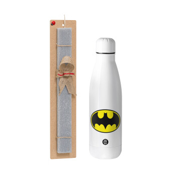 Batman, Easter Set, metallic stainless thermos bottle (500ml) & scented flat Easter candle (30cm) (GRAY)