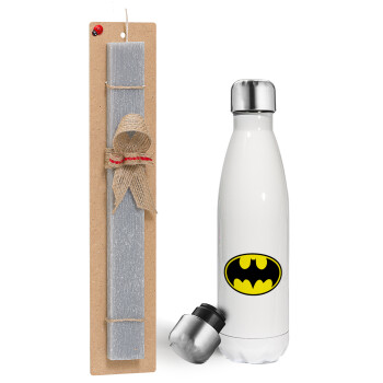 Batman, Πασχαλινή λαμπάδα, μεταλλικό παγούρι θερμός λευκός (500ml) & λαμπάδα αρωματική πλακέ (30cm) (ΓΚΡΙ)