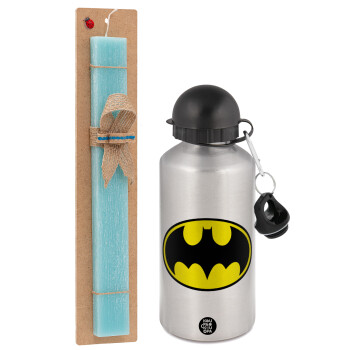 Batman, Easter Set, metallic silver aluminum water bottle (500ml) & scented flat Easter candle (30cm) (TURQUOISE)