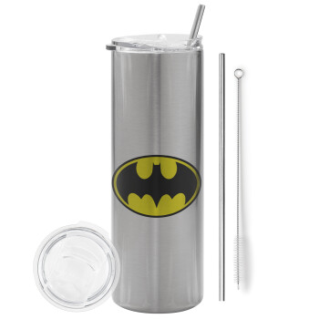 Batman, Eco friendly ποτήρι θερμό Ασημένιο (tumbler) από ανοξείδωτο ατσάλι 600ml, με μεταλλικό καλαμάκι & βούρτσα καθαρισμού