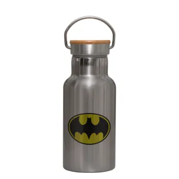 Batman, Μεταλλικό παγούρι θερμός (Stainless steel) Ασημένιο με ξύλινο καπακι (bamboo), διπλού τοιχώματος, 350ml