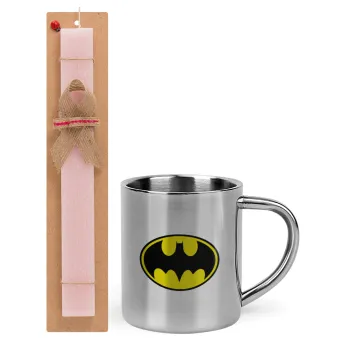 Batman, Easter Set, metallic thermal cup (300ml) & aromatic flat Easter candle (30cm) (PINK)