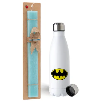 Batman, Easter Set, metallic stainless steel water bottle (750ml) & aromatic flat Easter candle (30cm) (TURQUOISE)