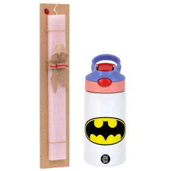 Batman, Easter Set, Children's thermal stainless steel water bottle with safety straw, pink/purple (350ml) & Easter scented flat candle (30cm) (PINK)