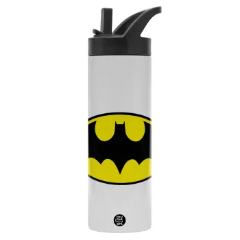 Batman, Metallic thermos bottle with straw & handle, stainless steel (Stainless steel 304), double-walled, 600ml.
