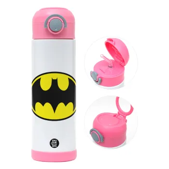 Batman, Children's hot water bottle, stainless steel, with safety straw, PINK (500ml)