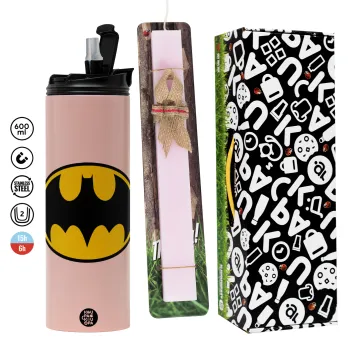Batman, Easter candle,Travel Tumbler 2 Lids, with metal straw & cleaning brush & aromatic flat candle (30cm) (PINK)