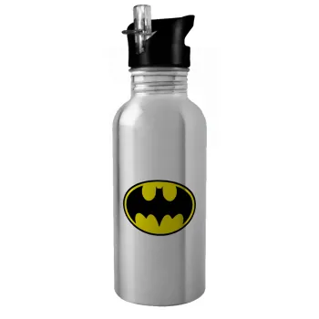 Batman, Water bottle Silver with straw, stainless steel 600ml