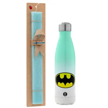 Batman, Easter Set, Metallic green/white thermos (Stainless steel), double-walled, 500ml & scented flat Easter candle (30cm) (TURQUOISE)