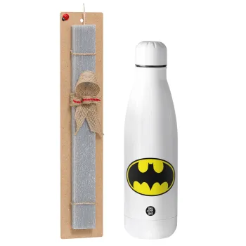 Batman, Easter Set, metallic stainless thermos bottle (500ml) & scented flat Easter candle (30cm) (GRAY)