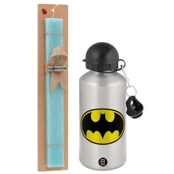 Batman, Easter Set, metallic silver aluminum water bottle (500ml) & scented flat Easter candle (30cm) (TURQUOISE)