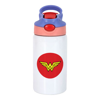 Wonder woman, Children's hot water bottle, stainless steel, with safety straw, pink/purple (350ml)