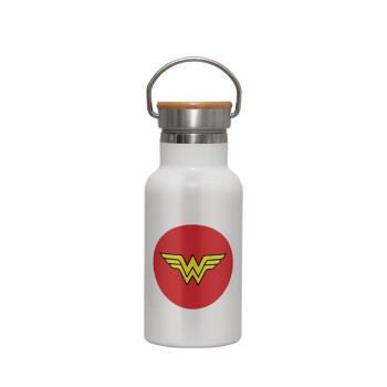 Wonder woman, Metallic thermos (Stainless steel) White with wooden lid (bamboo), double-walled, 350ml