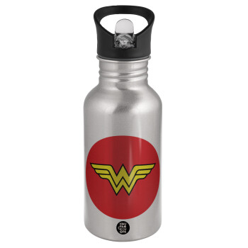 Wonder woman, Water bottle Silver with straw, stainless steel 500ml