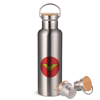 Wonder woman, Stainless steel Silver with wooden lid (bamboo), double wall, 750ml