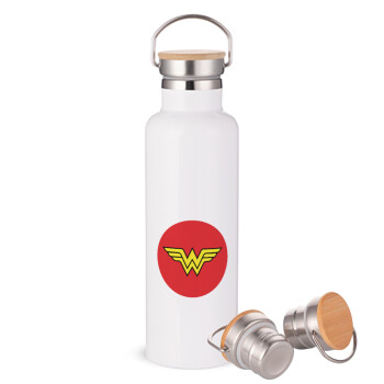 Wonder woman, Stainless steel White with wooden lid (bamboo), double wall, 750ml
