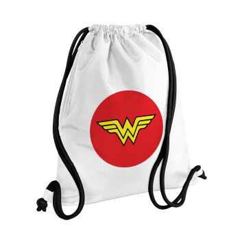 Wonder woman, Backpack pouch GYMBAG white, with pocket (40x48cm) & thick cords