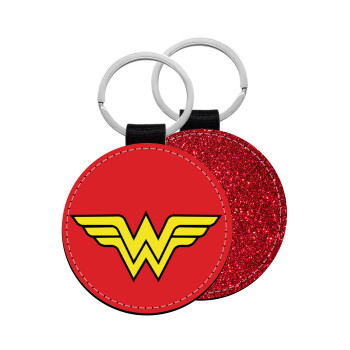 Wonder woman, Μπρελόκ Δερματίνη, στρογγυλό ΚΟΚΚΙΝΟ (5cm)