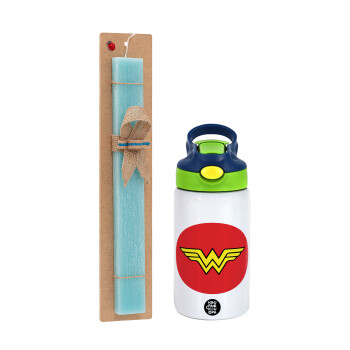 Wonder woman, Πασχαλινό Σετ, Παιδικό παγούρι θερμό, ανοξείδωτο, με καλαμάκι ασφαλείας, πράσινο/μπλε (350ml) & πασχαλινή λαμπάδα αρωματική πλακέ (30cm) (ΤΙΡΚΟΥΑΖ)