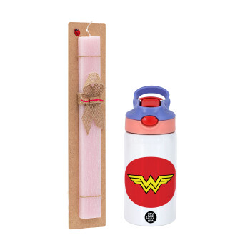 Wonder woman, Πασχαλινό Σετ, Παιδικό παγούρι θερμό, ανοξείδωτο, με καλαμάκι ασφαλείας, ροζ/μωβ (350ml) & πασχαλινή λαμπάδα αρωματική πλακέ (30cm) (ΡΟΖ)