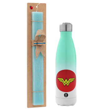 Wonder woman, Easter Set, Metallic green/white thermos (Stainless steel), double-walled, 500ml & scented flat Easter candle (30cm) (TURQUOISE)