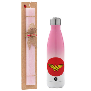 Wonder woman, Πασχαλινό Σετ, Μεταλλικό παγούρι θερμός Ροζ/Λευκό (Stainless steel), διπλού τοιχώματος, 500ml & πασχαλινή λαμπάδα αρωματική πλακέ (30cm) (ΡΟΖ)