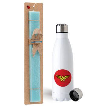 Wonder woman, Easter Set, metallic stainless steel water bottle (750ml) & aromatic flat Easter candle (30cm) (TURQUOISE)