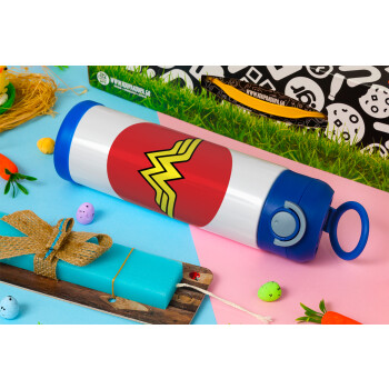Wonder woman, Easter candle, Childrens hot water bottle, stainless steel, with safety straw, BLUE (500ml)