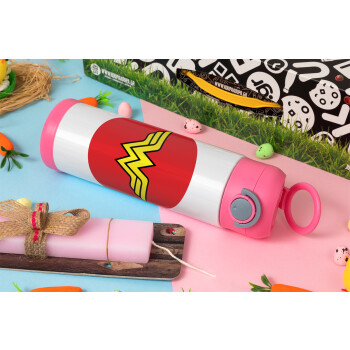 Wonder woman, Πασχαλινή Λαμπάδα με Παιδικό παγούρι θερμό, ανοξείδωτο, με καλαμάκι ασφαλείας, ΡΟΖ (500ml)