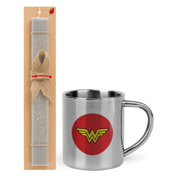 Wonder woman, Πασχαλινό Σετ, μεταλλική κούπα θερμό (300ml) & πασχαλινή λαμπάδα αρωματική πλακέ (30cm) (ΓΚΡΙ)