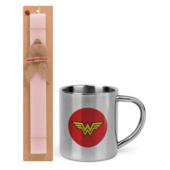 Wonder woman, Πασχαλινό Σετ, μεταλλική κούπα θερμό (300ml) & πασχαλινή λαμπάδα αρωματική πλακέ (30cm) (ΡΟΖ)