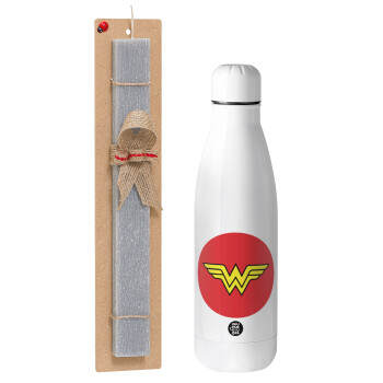 Wonder woman, Πασχαλινό Σετ, μεταλλικό παγούρι Inox (700ml) & πασχαλινή λαμπάδα αρωματική πλακέ (30cm) (ΓΚΡΙ)