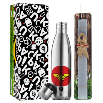 Wonder woman, Easter Set, metallic stainless thermos flask (500ml) & scented flat Easter candle (30cm) (GRAY)