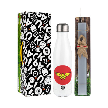 Wonder woman, Easter candle, metallic white thermos bottle (500ml) & aromatic flat candle (30cm) (GRAY)