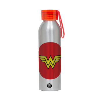 Wonder woman, Αλουμινένιο Αθλητικό Μπουκάλι 650ml – Ασημί με Κόκκινο Καπάκι και Λουράκι Σιλικόνης