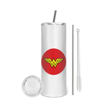 Wonder woman, Eco friendly ποτήρι θερμό (tumbler) από ανοξείδωτο ατσάλι 600ml, με μεταλλικό καλαμάκι & βούρτσα καθαρισμού