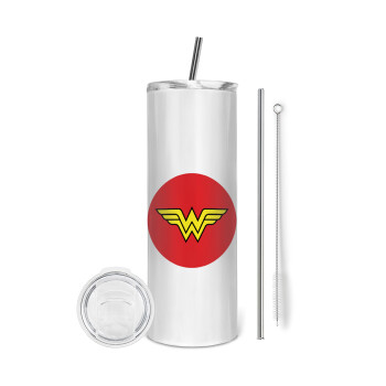 Wonder woman, Tumbler ποτήρι θερμό από ανοξείδωτο ατσάλι 600ml, με μεταλλικό καλαμάκι & βούρτσα καθαρισμού