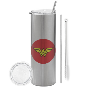 Wonder woman, Eco friendly stainless steel Silver tumbler 600ml, with metal straw & cleaning brush