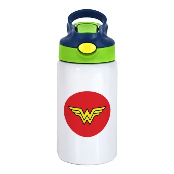 Wonder woman, Παιδικό παγούρι θερμό, ανοξείδωτο, με καλαμάκι ασφαλείας, πράσινο/μπλε (350ml)