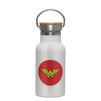 Wonder woman, Metallic thermos (Stainless steel) White with wooden lid (bamboo), double-walled, 350ml