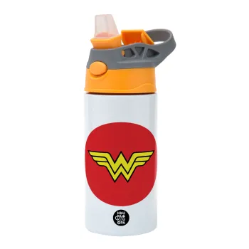 Wonder woman, Παιδικό παγούρι θερμό, ανοξείδωτο, με καλαμάκι ασφαλείας, Πορτοκαλί/Γκρι (360ml) BPA-FREE
