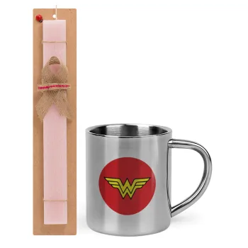 Wonder woman, Easter Set, metallic thermal cup (300ml) & aromatic flat Easter candle (30cm) (PINK)