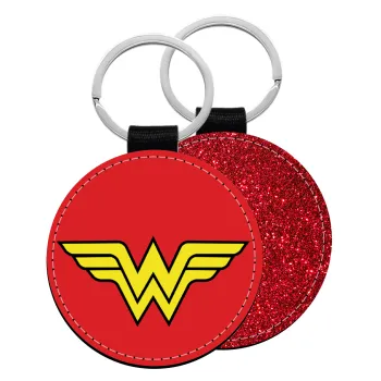 Wonder woman, Μπρελόκ Δερματίνη, στρογγυλό ΚΟΚΚΙΝΟ (5cm)