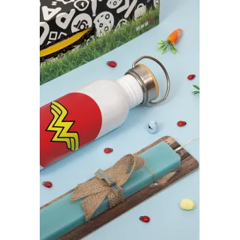 Wonder woman, Πασχαλινή Λαμπάδα με παγούρι μεταλλικό (620ml, stainless steel) & κερί αρωματικό πλακέ (30cm) (ΤΙΡΚΟΥΑΖ)